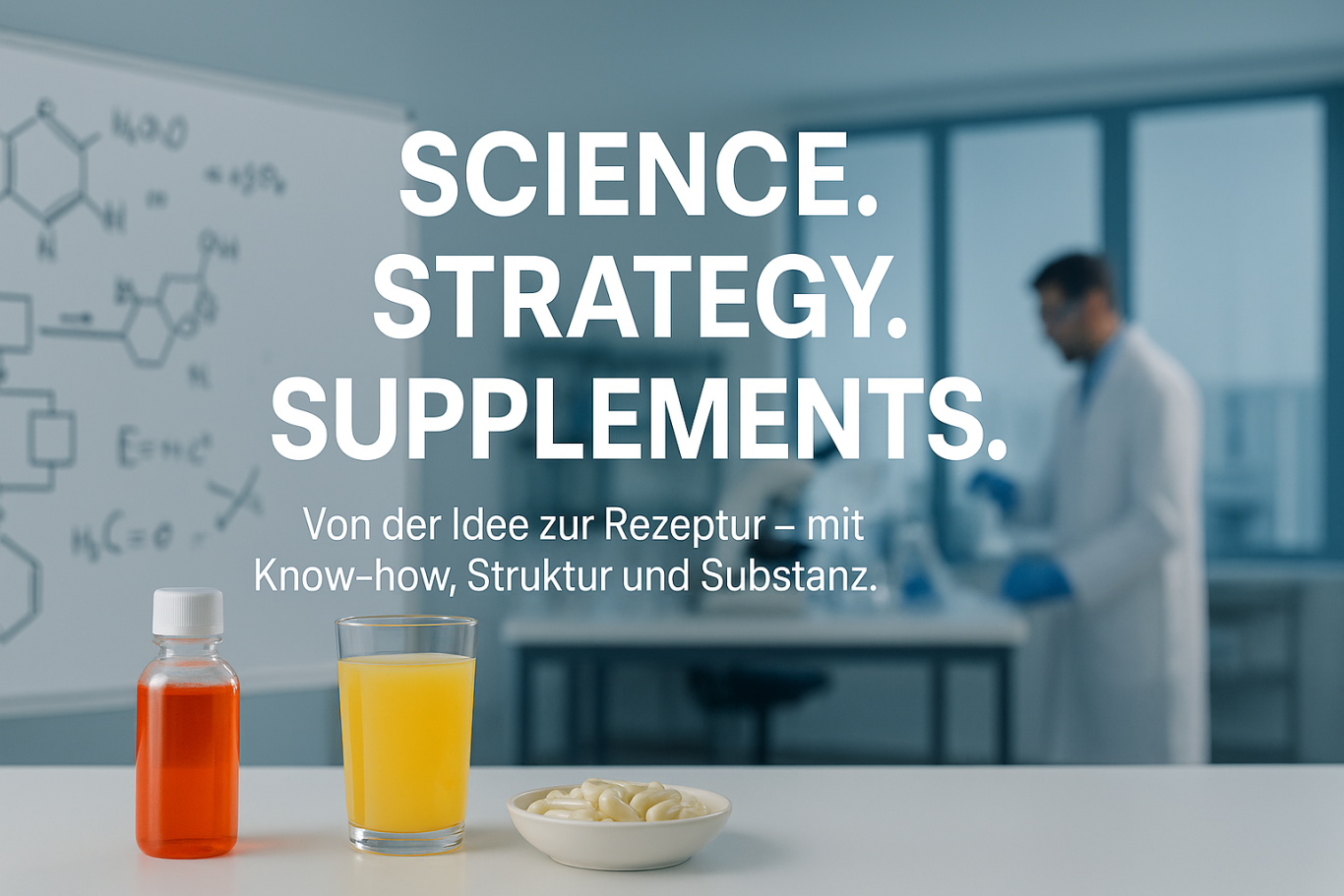 Science.Strategy.Supplements. Von der Idee zur Rezeptur - mit Know-how, Struktur und Substanz. Laborszene mit dem Motto als Text-Overlay und exemplarischen Supplement-Mustern in Front.
